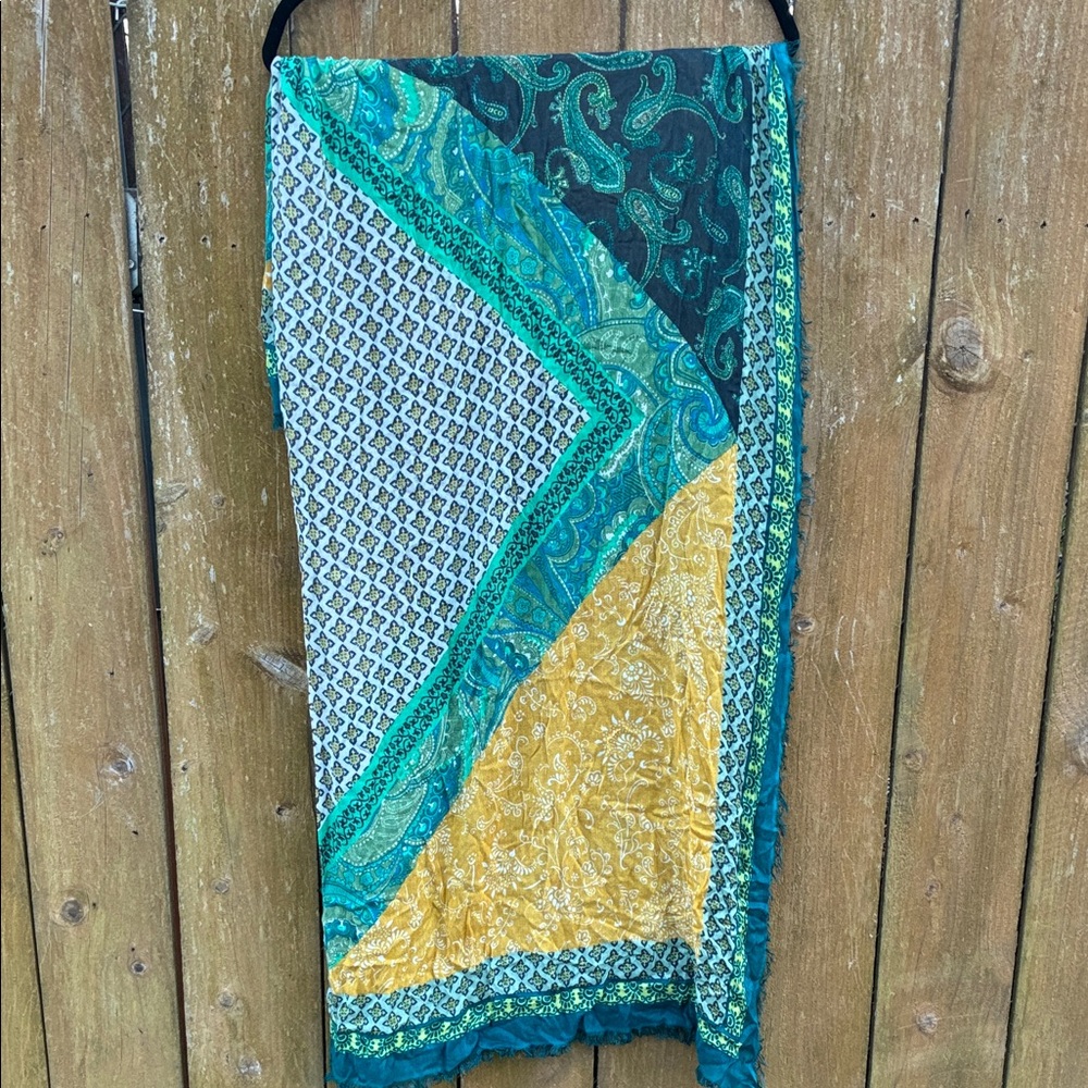 Tarnish large square viscose scarf or coverup- beautiful blues, greens, golds
